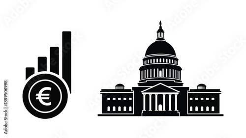 euro symbol graph and capitol building graphic representing economic growth silhouette