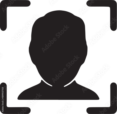 Face silhouette with scanning points and frame, representing facial recognition, biometric security, and digital identity verification, designed as a bold black vector graphic