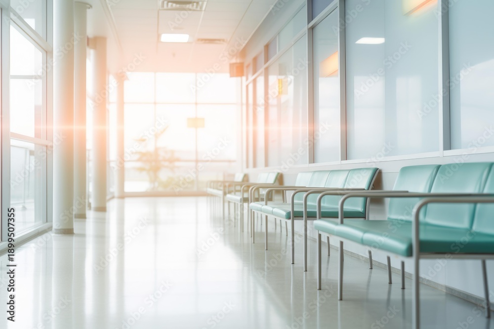 Fototapeta premium Empty hospital waiting area with chairs along a bright, sunlit corridor