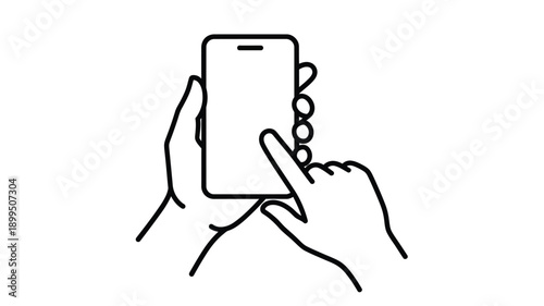 a hand holding and interacting with a smartphone simple line drawing silhouette