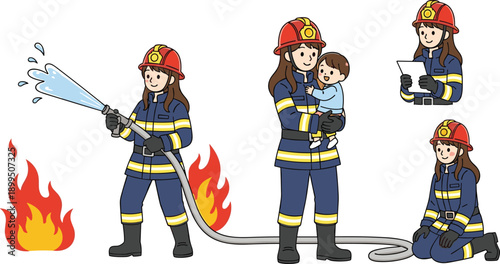 Female firefighter illustration set, fire rescue actions, emergency response scenes, woman fireman character, child safety, hero service