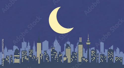 City Skyline at Night with Crescent Moon, Urban Landscape Illustration
