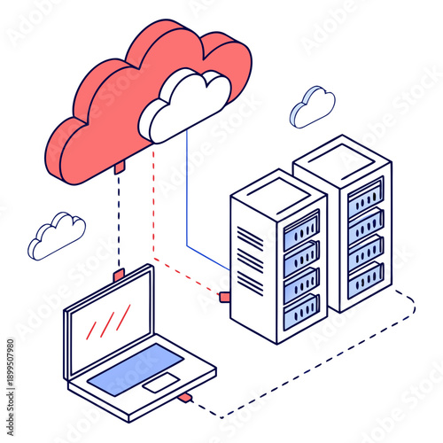 Cloud computing infrastructure connecting to a laptop and servers in a network