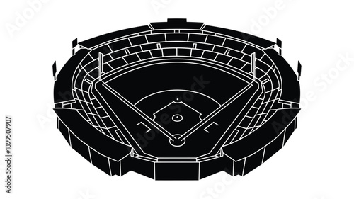 a detailed aerial view of a baseball stadium rendered as a silhouette