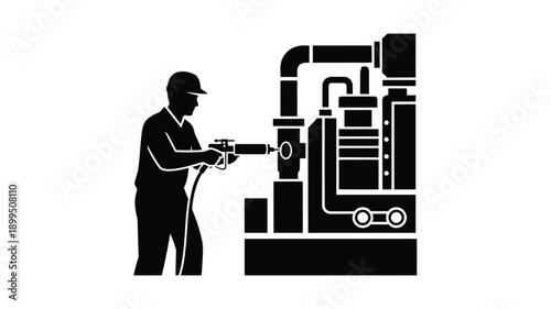 man spraying a complex industrial pipe system a striking silhouette