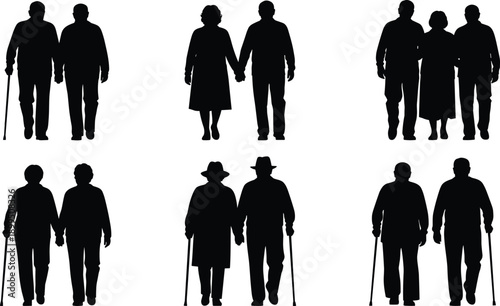 Elderly people silhouettes collection, senior couples walking together with canes, aging companionship healthcare concept vector illustration isolated
