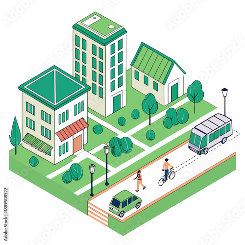 A vibrant urban neighborhood with diverse residential buildings and community activities