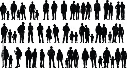 Black silhouettes of people in various poses and sizes white background standing