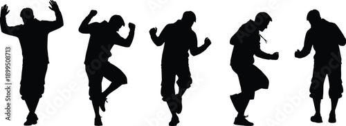 Dancing man silhouettes collection, energetic male hip hop dance moves, street dance action vector illustration isolated on white