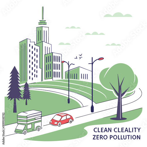 Urban scene showcasing clean energy transportation with modern city infrastructure.