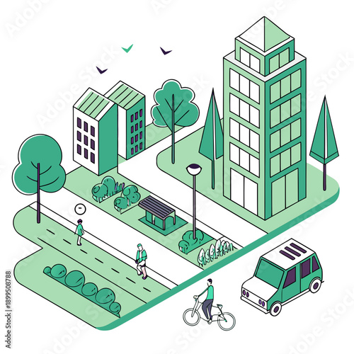 Urban landscape featuring modern buildings and green spaces with cyclists