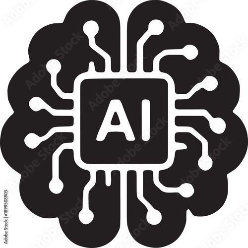 Brain shape filled with geometric circuit patterns, representing logical processing, algorithmic thinking, and advanced ai, designed in a bold black vector style