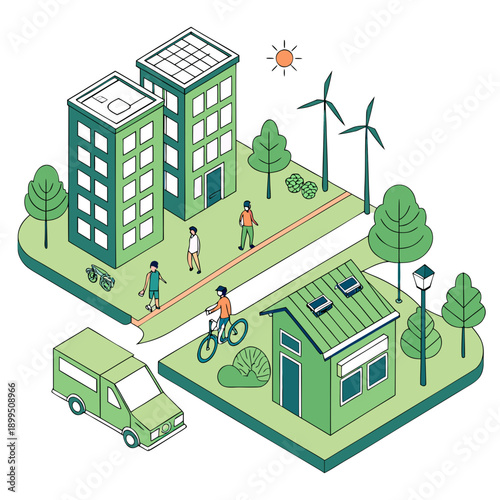 Sustainable urban neighborhood featuring eco-friendly housing and transportation solutions