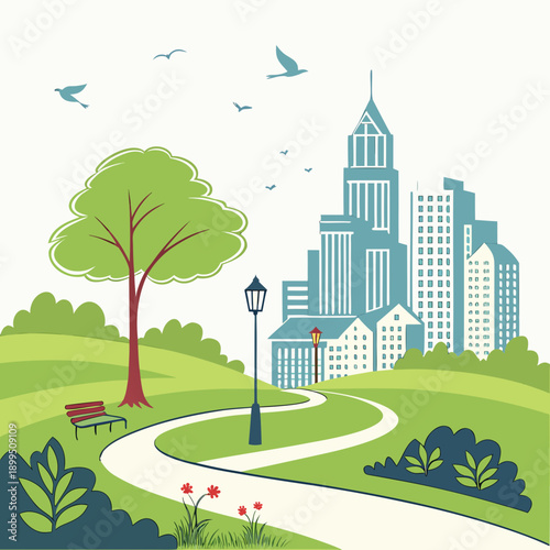 Serene cityscape with winding road and green parkland under a clear sky