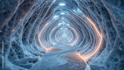 Exploration of a Digital Tunnel With Hexagonal Patterns and Glowing Lines at ...
