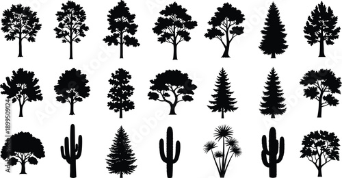 Black silhouettes of various trees and cacti on white background tree silhouettes