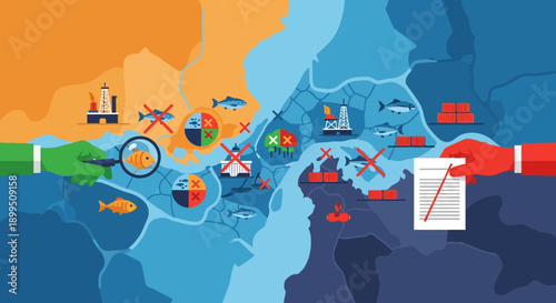 Sustainable fishing practices versus industrial pollution concept