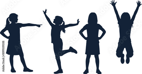 Four dark blue silhouettes of girls in various poses children white background