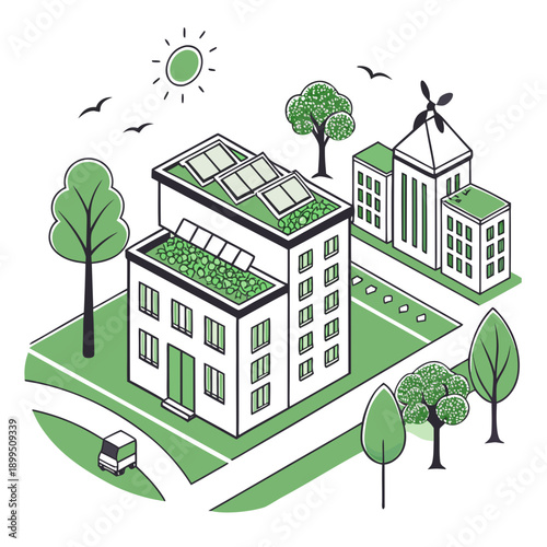 Modern eco-friendly residential buildings with renewable energy sources and greenery