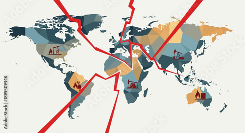 Global Oil Crisis Map with Red Lines