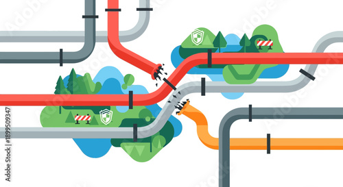 Secure pipeline network with shield icons and roadblocks