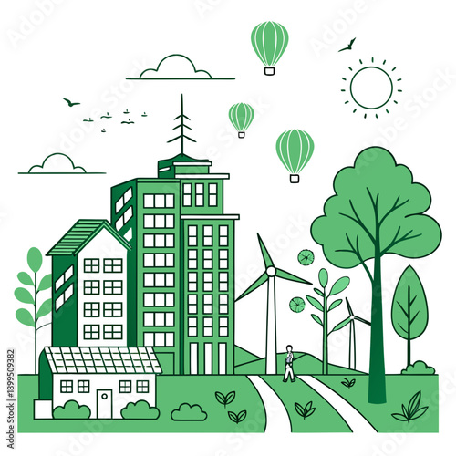 Modern cityscape integrating green architecture and renewable energy sources.