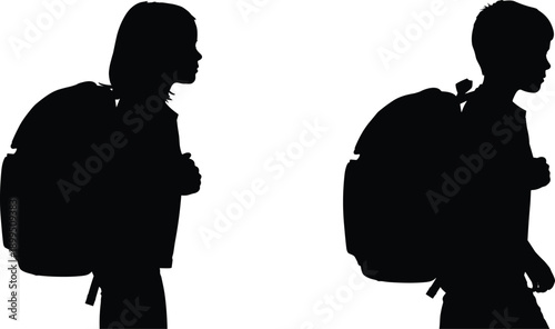 Black silhouettes of two children with backpacks standing side by side kids school