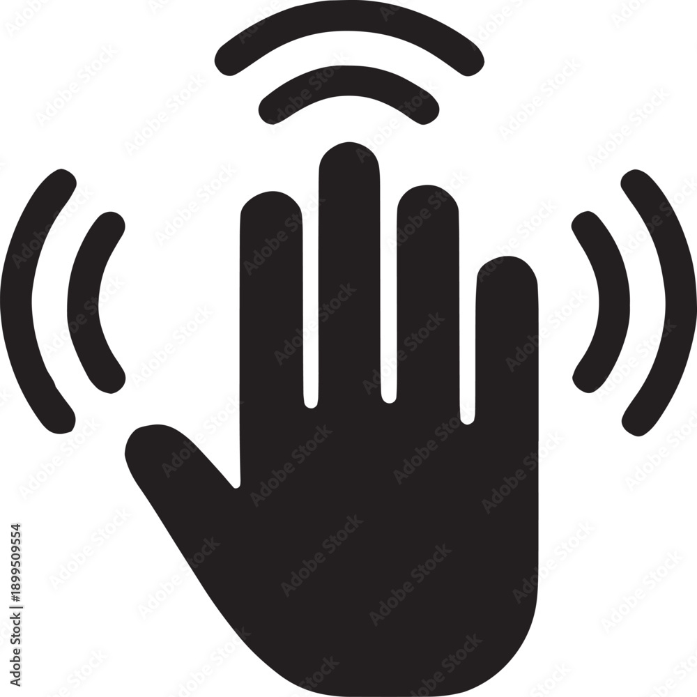 Obraz premium Human hand gesture showing a pinch or focus symbol with digital tracking nodes, representing AI gesture recognition and interaction, bold black vector