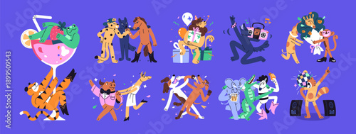 Happy animals celebrate holiday set. Funny anthropomorphic characters have fun, drink alcohol cocktails and dance. Cute friends cheer, rejoice, greet and smile. Flat isolated vector illustrations