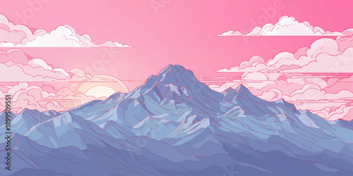 Winter mountain landscape with snowy peaks at sunrise and foggy sky