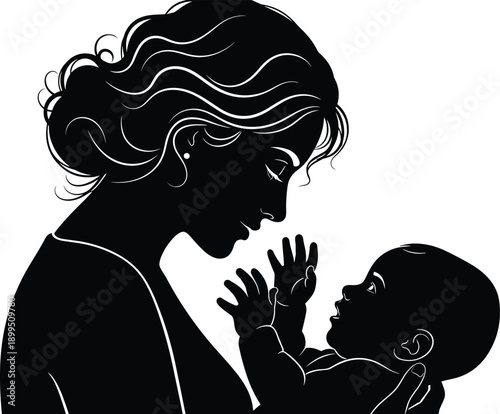 Mother holding baby silhouette, loving mom and newborn bonding moment, maternity care and parenting vector illustration isolated on white