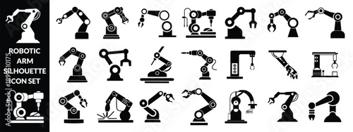 Robotic arm silhouette icon set, industrial automation, mechanical engineering, factory equipment, vector illustration, black pictogram, robotics technology graphic