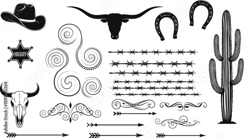 Wild West cowboy elements set with longhorn skull, sheriff badge, cactus, horseshoe, barbed wire, arrows, cad drawing flat vector illustration, ornaments