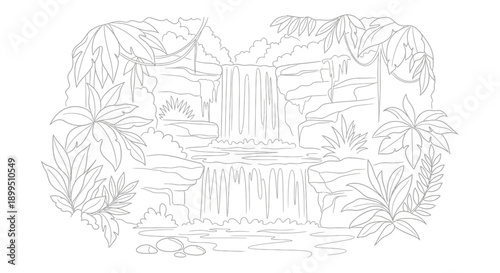Waterfall in the jungle illustration.