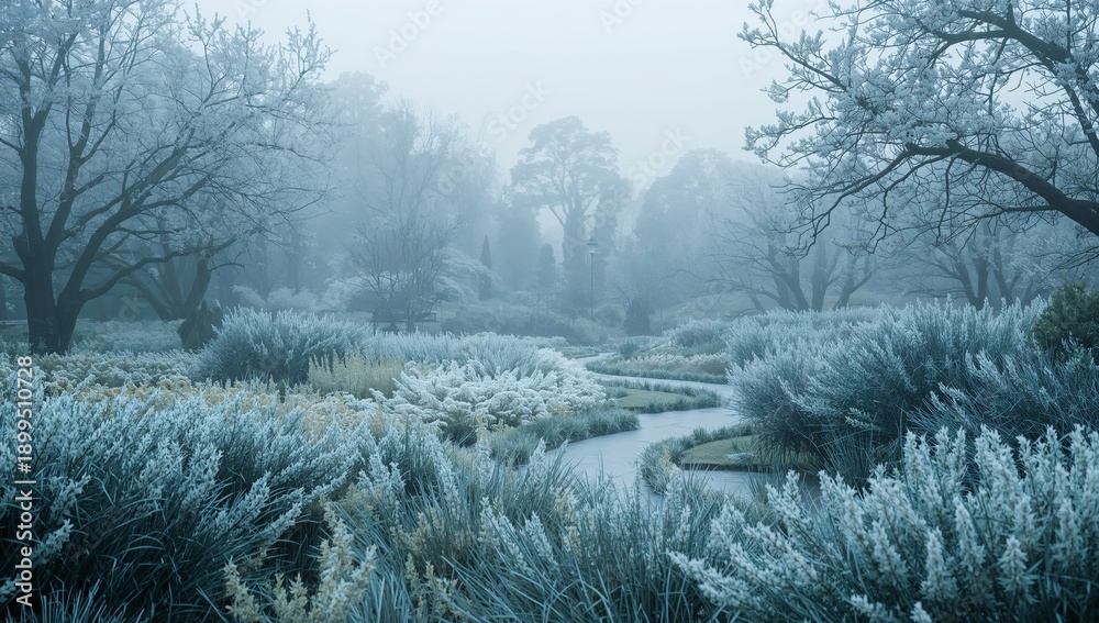 Naklejka premium Winter Landscape With Frosty Trees and a Winding Stream in a Garden During Morning Fog