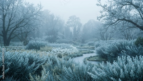 Winter Landscape With Frosty Trees and a Winding Stream in a Garden During Mo...