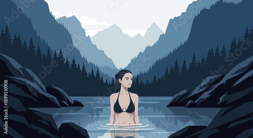 Serene Mountain Lake Vector Illustration Featuring a Woman Enjoying Nature's Embrace