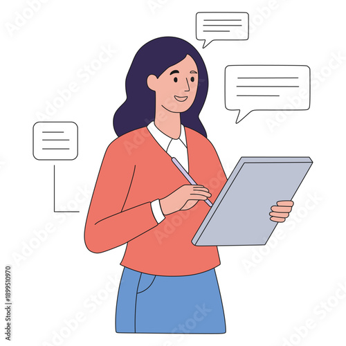 Vector design illustration of a business woman who is jotting down new ideas