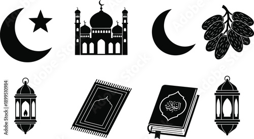Islamic ramadan icon set with mosque crescent moon quran lantern prayer rug and dates black silhouette vector
