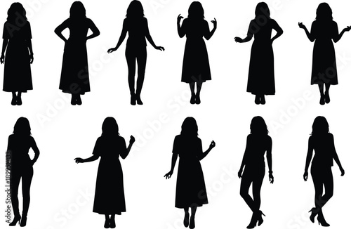 Black silhouettes of women in various poses on white background 1