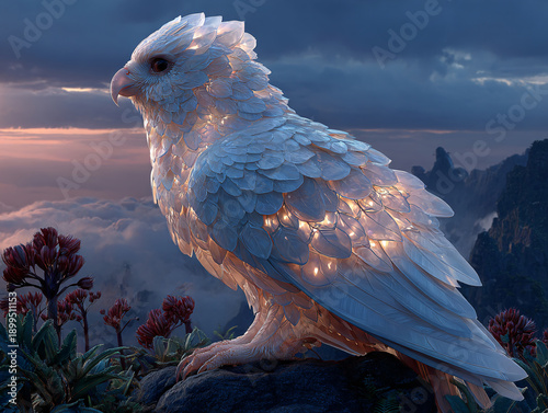 A glowing blue dragon-like creature with iridescent scales stands prominently in the foreground, set against a fiery sunset backdrop that illuminates distant, ethereal burning mountains lit up