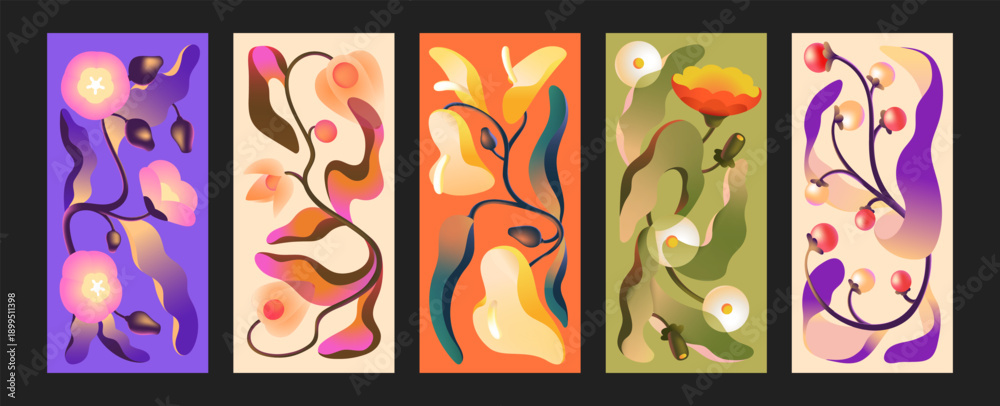 Fototapeta premium Flowers with abstract berries set in gradient style. Different posters with twisted wildflowers, physalis, dandelion, lilly. Plants with crooked leaves and branches. Flat vector illustrations
