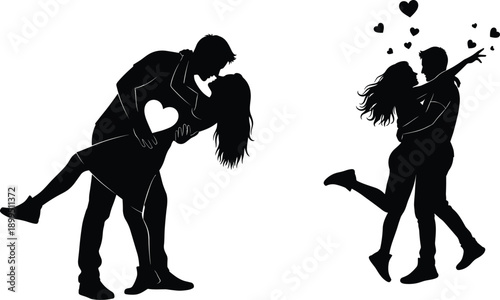 Black silhouette of two couples kissing with hearts love romantic