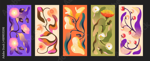 Flowers with abstract berries set in gradient style. Different posters with twisted wildflowers, physalis, dandelion, lilly. Plants with crooked leaves and branches. Flat vector illustrations