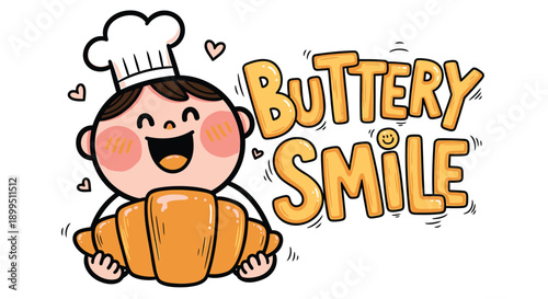 Happy chef kid with buttery croissant pastry and smiling face