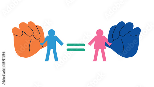 Equality concept with human figures and fists on white background