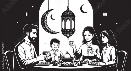 Family enjoying a meal together under the crescent moon and stars.