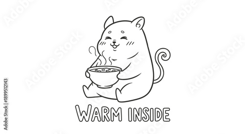 Cute cat holding bowl of food warm inside comforting scene