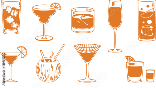 Various cocktail glasses and drinks with orange color and ice cubes