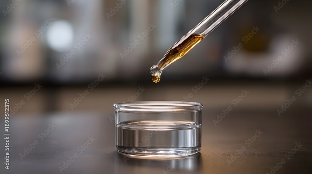 Naklejka premium A dropper releases a drop of amber liquid into a clear solution in a laboratory setting